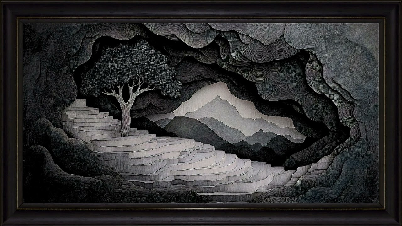 Monochrome Cave Landscape with Silhouetted Tree Wallpaper: 4K Frame TV Art Screensaver
