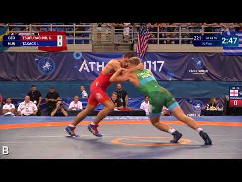 1/2 GR - 76 kg: I. TAKACS (HUN) df. G. TSOPURASHVIL (GEO) by VPO, 7-0