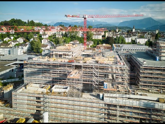 Drohnenaufnahmen der aktuellen Baustelle des Neubauprojekts Kinderspital/Frauenklinik des Luzerner Kantonsspitals (LUKS)