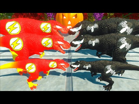 Dinosaur Flash Team vs Venom Team T-rex Death Battle - Animal Revolt Battle Simulator