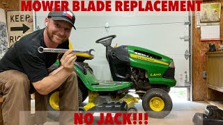 John Deere Mower Blades Replacement; WITHOUT A JACK!!
