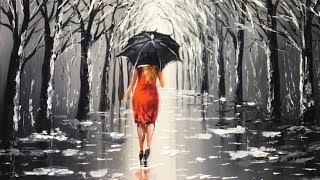 Lady with Black Umbrella Acrylic Painting
