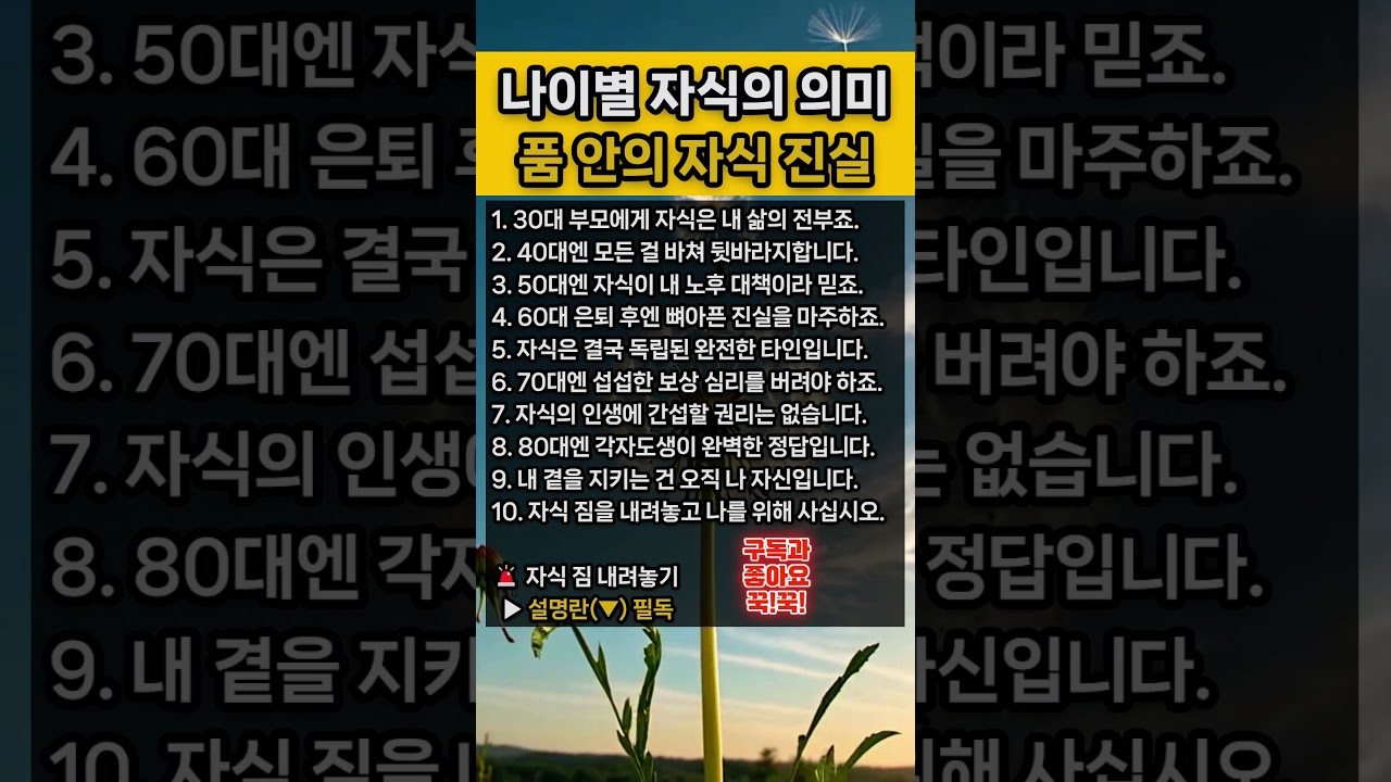 나이별로 알아보는 자식의 진짜 의미, 30대부터 80대까지 모든 것을 바친 부모가 배신감과 서운함을 내려놓고 완벽하게 독립하는 마음 연습 팩트 체크