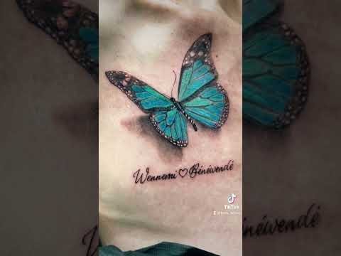Tatouage papillon couleur bleus en 3D (2023 Tram.ink Tattoo Studio Genève )