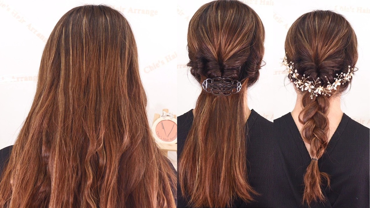 【セミロング～ロングヘア】バレッタと三つ編みで作るハーフアップヘアスタイル