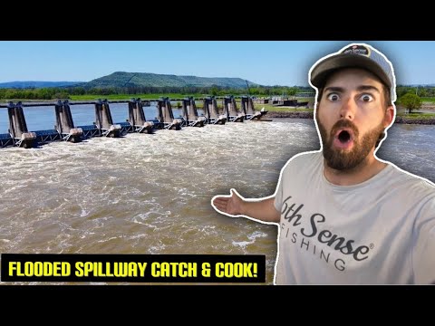 Fishing a MASSIVE FLOODED SPILLWAY to {Catch Clean & Cook} POWERFUL RIVER FISH!!