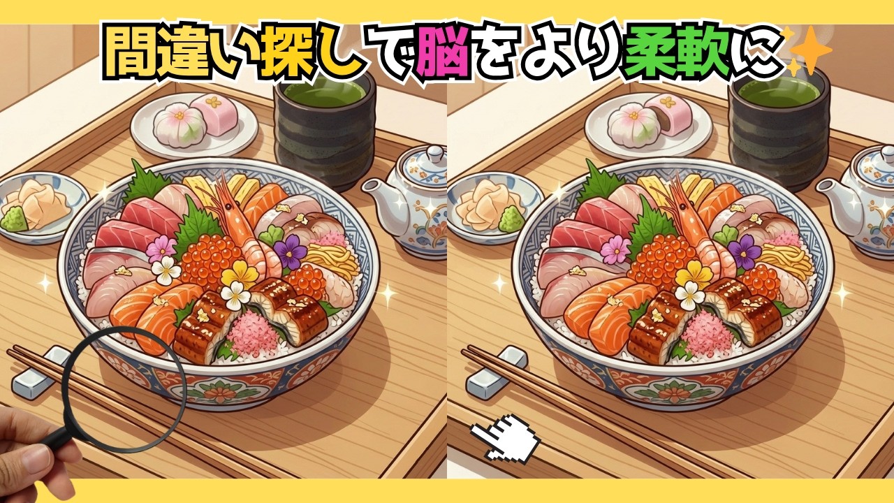 【間違い探し】脳トレ合宿チャンネルで脳🧠を鍛える✨今回は海鮮丼で間違い探しチャレンジ🌟🐟