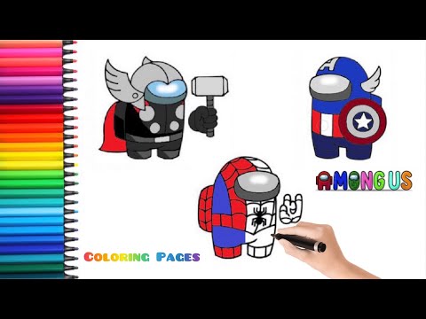 Coloring AMONG US Spider-Man, Captain America, Thor. Avengers Coloring Pages