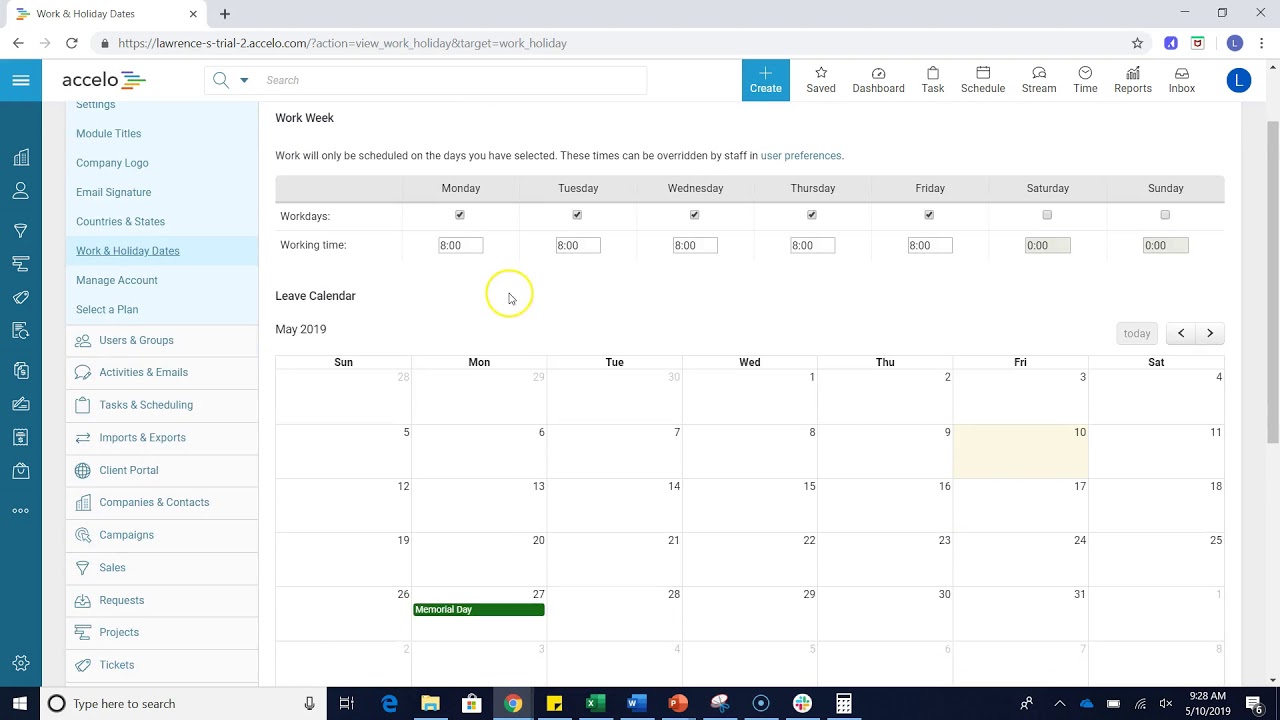 Configuring Work & Holiday Dates