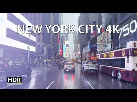 Rainy New York City  - Driving Downtown 4K HDR - Lower & Midtown Manhattan