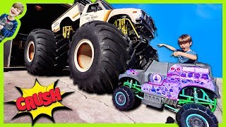 POWER WHEELS GRAVE DIGGER MONSTER TRUCK CRUSHED BY REAL MONSTER TRUCK