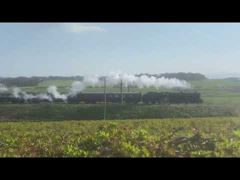 Steam train locomotive 45690 'Leander' & Class 47 47802 exiting Poulton-le-Fylde 21/04/2023
