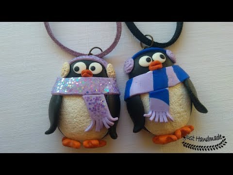 ~JustHandmade~ How to make easy polymer clay (Fimo) PENGUIN pendant -  tutorial / DIY