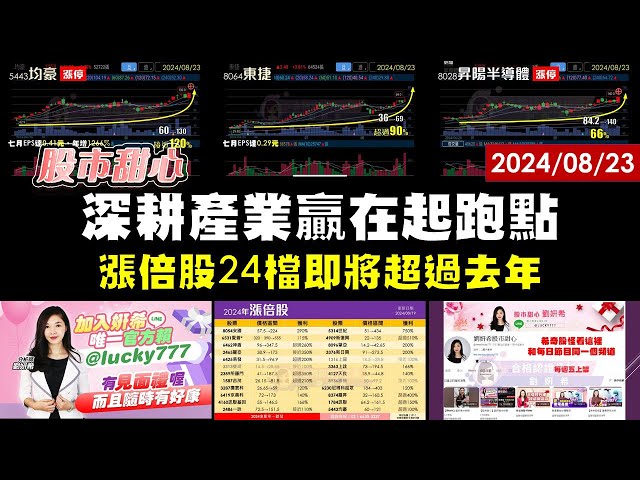 08/23【甜心盤後影音】恭賀～今年24檔漲倍股即將超越去年，均豪．均華．東捷．鑫科．訊舟．昇陽半導體深耕產業贏在起跑點