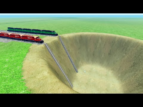 TRAINS VS GIANT PIT | TRAINS ON GIANT POTHOOLES | CRAZY RAILROAD - BeamNG Drive