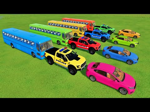 TRANSPORTING DACIA, MERCEDES, BMW, AUDI, FORD RAPTOR POLICE CARS WITH BUS | Farming Simulator 22