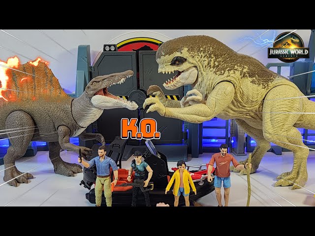Vídeo relacionado con Mattel Jurassic World: El Renacer Conjunto de historia, vehículo con figuras de humanos y dinosaurios, balsa de la película, Distortus Rex y Delgado, Isabella y aquilops, Escape de la isla, JGB55