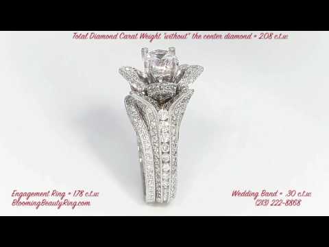 Large Hand Engraved Unique Blooming Beauty Engagement Wedding Ring Set