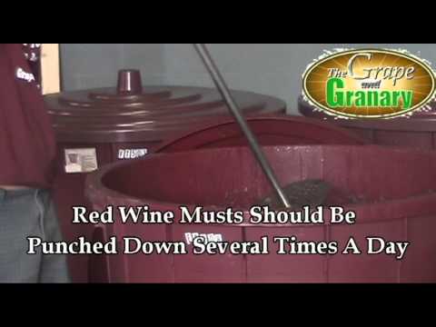 Using a punchdown tool to punchdown red grape must