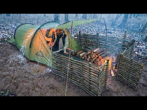 Winter Hot Tent Camping in Heavy Rain; Survival in the Wild. Caught in Rain. Bushcraft Skills
