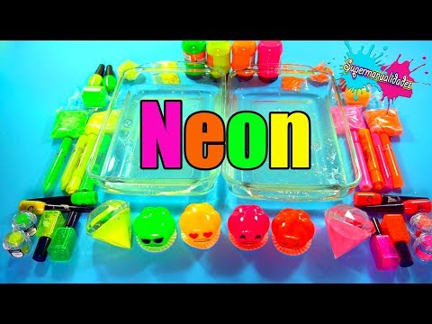 Mixing all Neon in Slime (Pink and Orange vs Green and Yellow)  - Supermanualidades