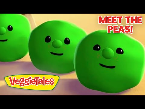 Three green cartoon peas with friendly faces, VeggieTales logo visible and the text 'MEET THE PEAS!' on the thumbnail.