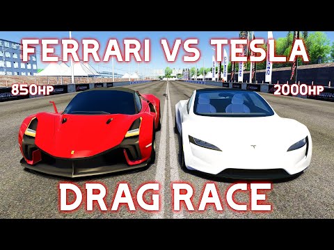 Ferrari Stallone vs Tesla Roadster DRAG RACE