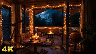 Thunderstorm on a Cozy Covered Balcony | Crackling Fire Pit & Rain Sounds 🔥⛈️
