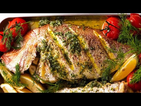 Whole Baked Fish - Herb Stuffed, with Garlic Butter Dill Sauce