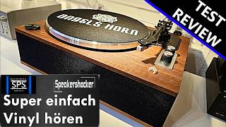 Plattenspieler mit Lautsprecher All In One Musikanlage Angels Horn HP H019 Test einfach Vinyl hören.