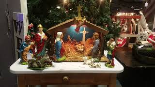 1950's Vintage Nativity Scene with Light Inside Barn & Music Box that Plays Silent Night