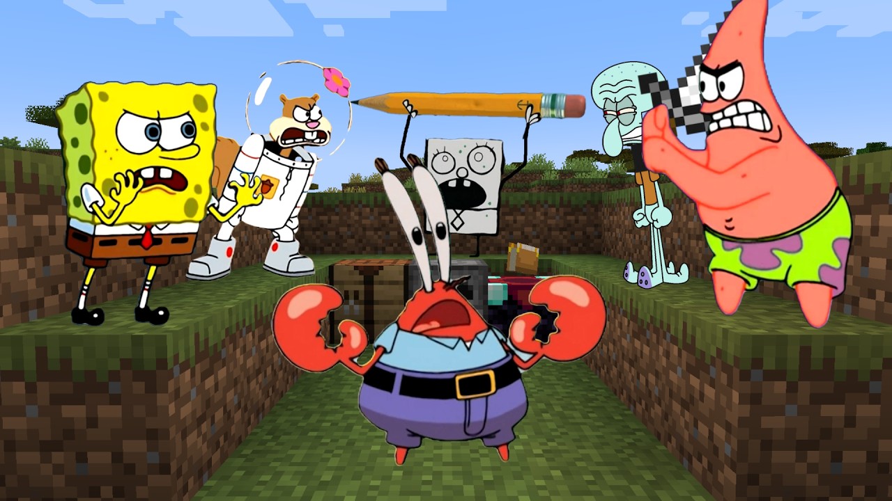 Minecraft Speedrunner Mr. Krabs VS 5 Hunters: SpongeBob, Patrick, Squidward, Sandy & DoodleBob