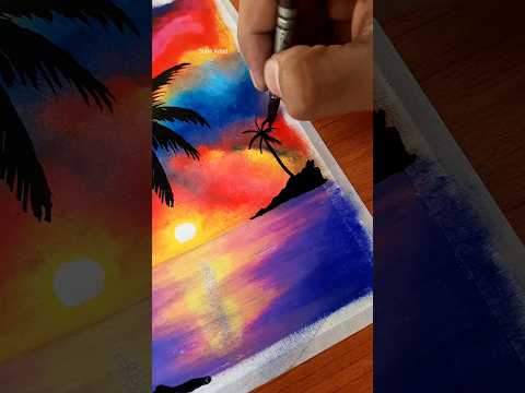 Beach sunset scenery drawing with oil pastels #shorts