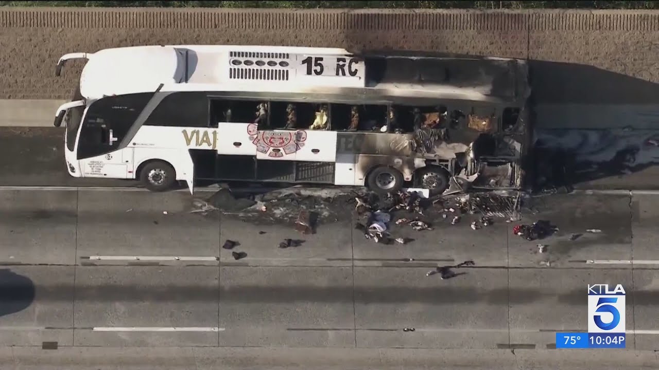 Video thumbnail for Elderly woman killed in bus fire on freeway in Hacienda Heights