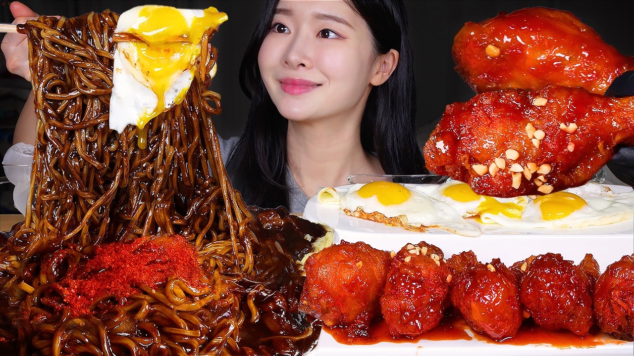 ASMR MUKBANG | 육퇴후 🍯 달달한 짜장면에 양념치킨 🍗 먹방! After Baby Sleep, Black Bean Noodles & Spicy Fried Chicken