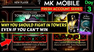 How to Get Free Gold Characters and Tower Gear EASY! NO HACK! MK Mobile Fresh Account Series Ep. 3.