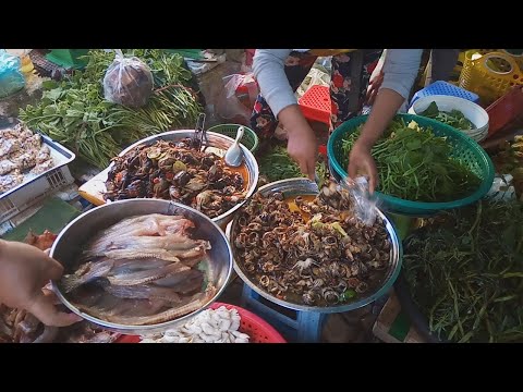 Spicy Salty Crabs, Dried Fishes, Fresh Foods And Fresh Vegetables - Amazing Food View In Market