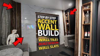 DIY Stunning Accent Wall Under $300! Step by Step Wall Tiling, Wall Slats, Wall Niche with Shelving