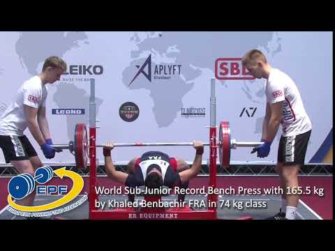 World Sub-Junior Record Bench Press with 165.5 kg by Khaled Benbachir FRA in 74 kg class