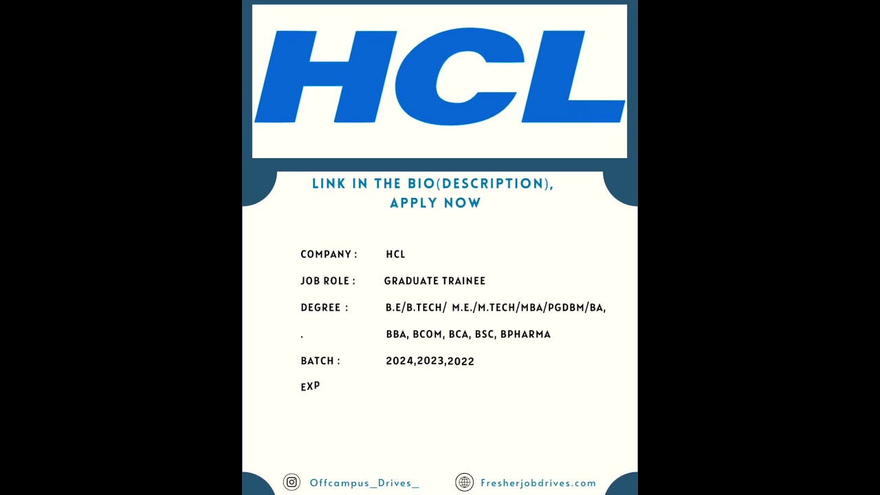 HCL Mass Hiring For Graduate Trainee |Graduate/ Final Year Candidates | 2024/23/22 batches #shorts