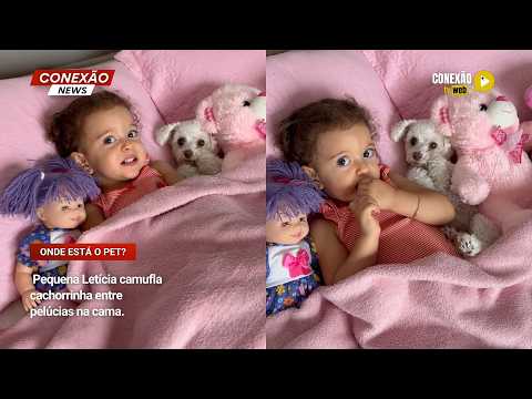 Vídeo:  Pequena Letícia camufla cachorrinha entre pelúcias na cama.