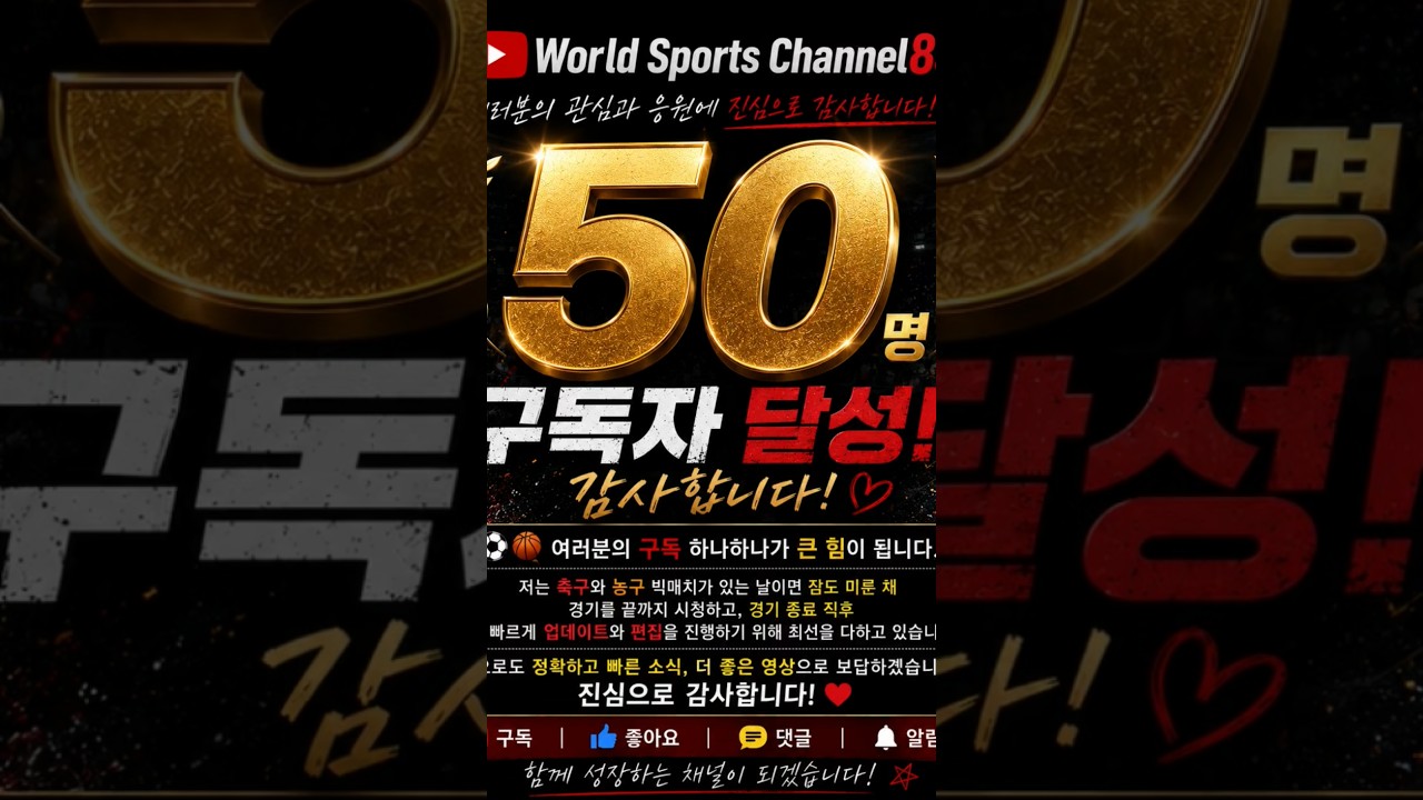 WOW  축구,농구,야구 등 스포츠 하이라이트 유튜브 라이브를 할수 있는 구독자 인원을 맞이 하였습니다!!부족하지만 구독해주신 50분께 감사드립니다????