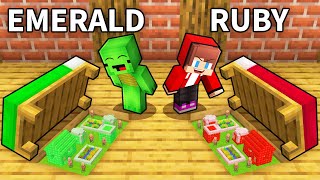 Mikey Emerald vs JJ Ruby VILLAGE UNDER BED Survival Battle in Minecraft (Maizen)