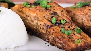 Oven broiled Miso glazed salmon recipe with sushi rice and vegetables