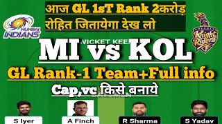 MI vs KOl ipl 56th Match dream11 team today match|mumbai vs kolkata gl tips dream11 today team