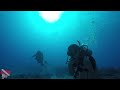 A white-tip reef shark swimming gracefully past divers in the deep blue Hawaiian water