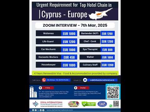Urgent Hiring – Waiter Jobs in Cyprus | 4-Year Visa | Salary EUR 1000-1100 | Apply Now!