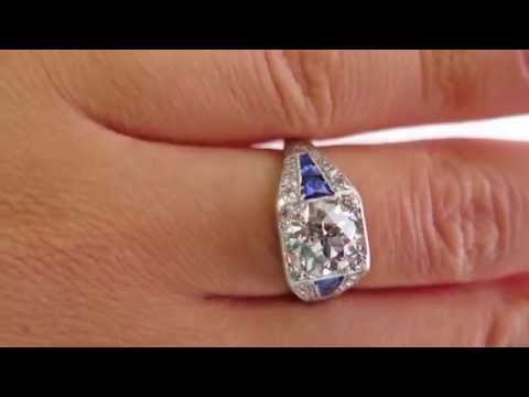 GIA Edwardian 2.37ctw Antique Diamond and Calibre Sapphire Platinum Engagement Ring