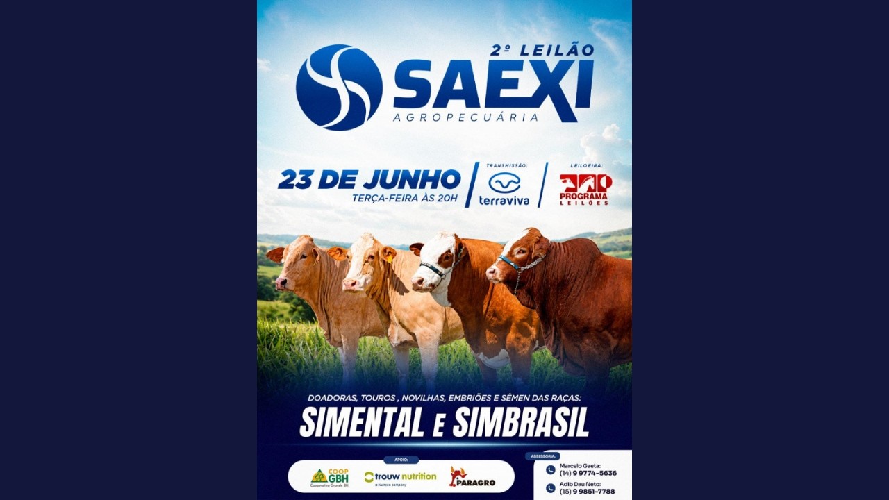 2º LEILÃO SAEXI AGROPECUÁRIA | 23/06/2026 – 20H