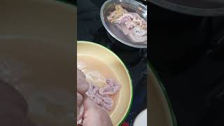 Clean pig small intestine by turning inside out